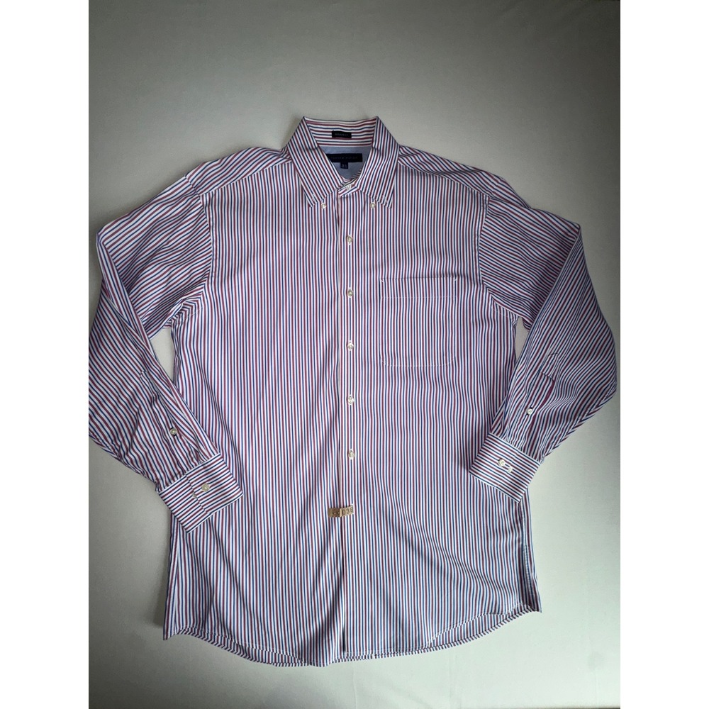 Tommy Hilfiger Button Down Shirt Mens 15.5 32/33 Red White Blue Striped Preppy